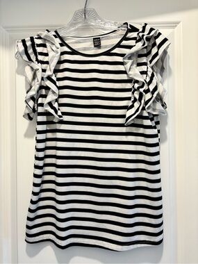 SHEIN Black and White Striped Ruffle Short Sleeve Tee